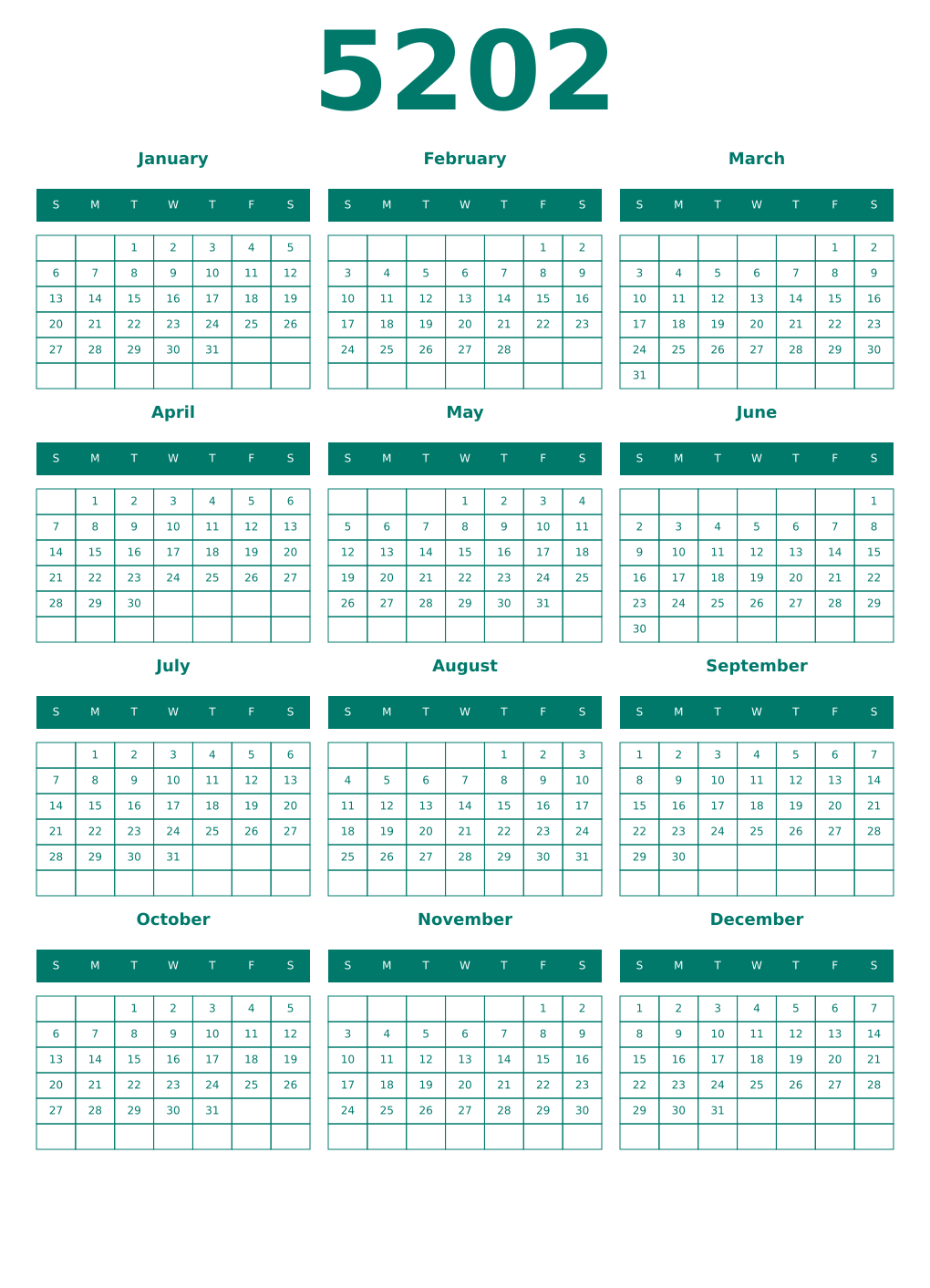 Printable 5202 Year Calendars pastel