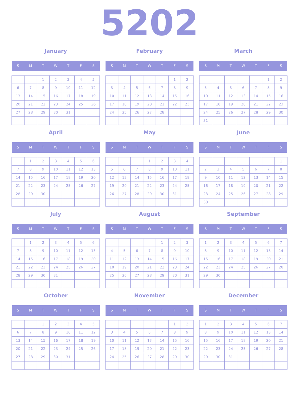 Printable 5202 Year Calendars periwinkle