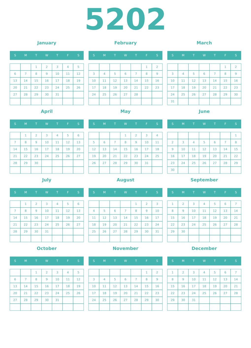 Printable 5202 Year Calendars verdigris