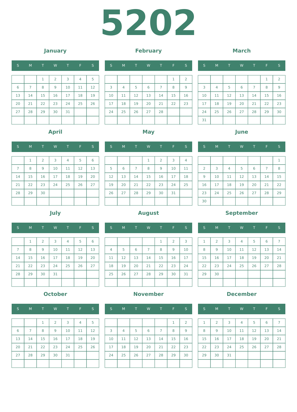 Printable 5202 Year Calendars viridian