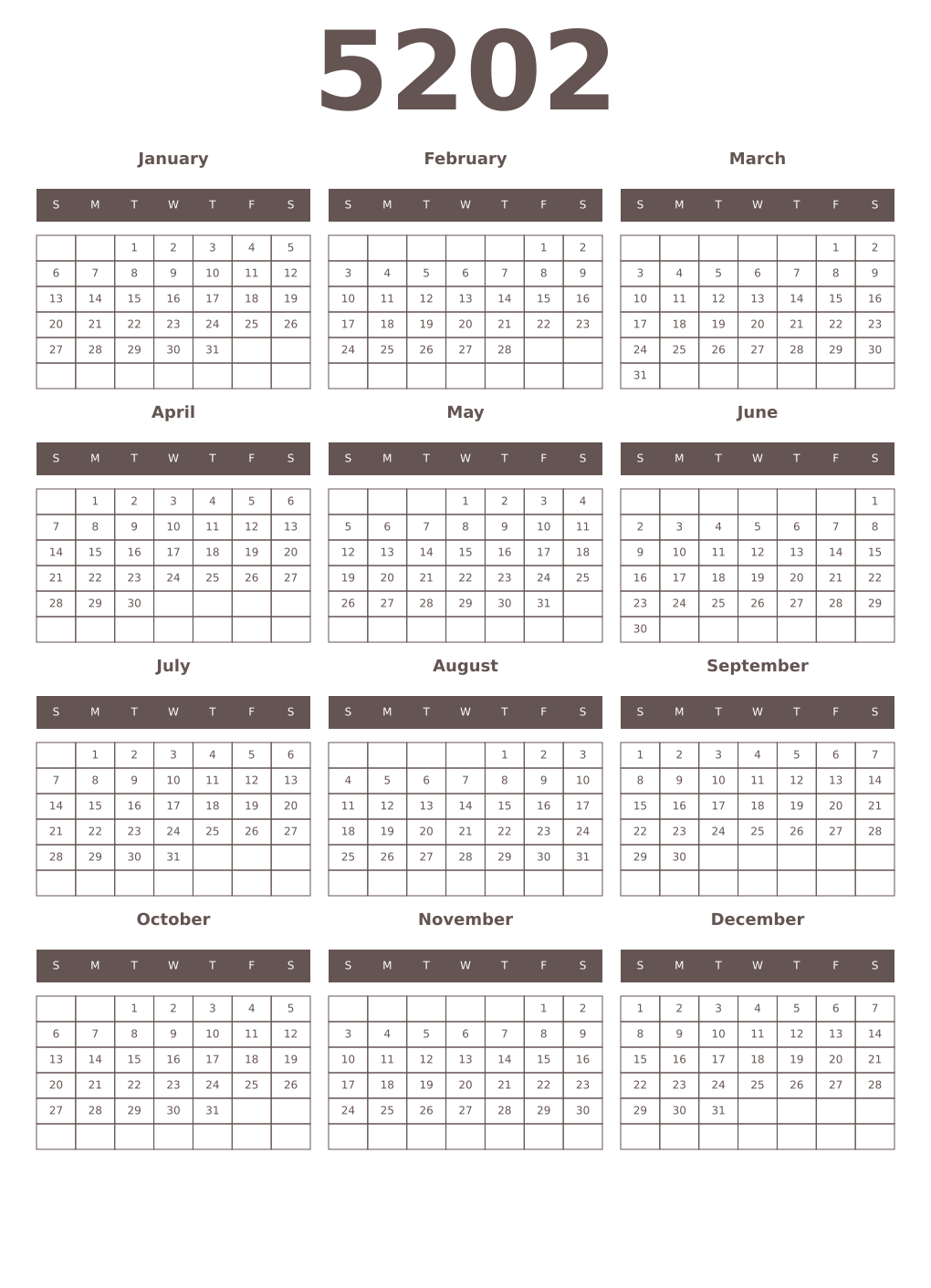 Printable 5202 Year Calendars wenge