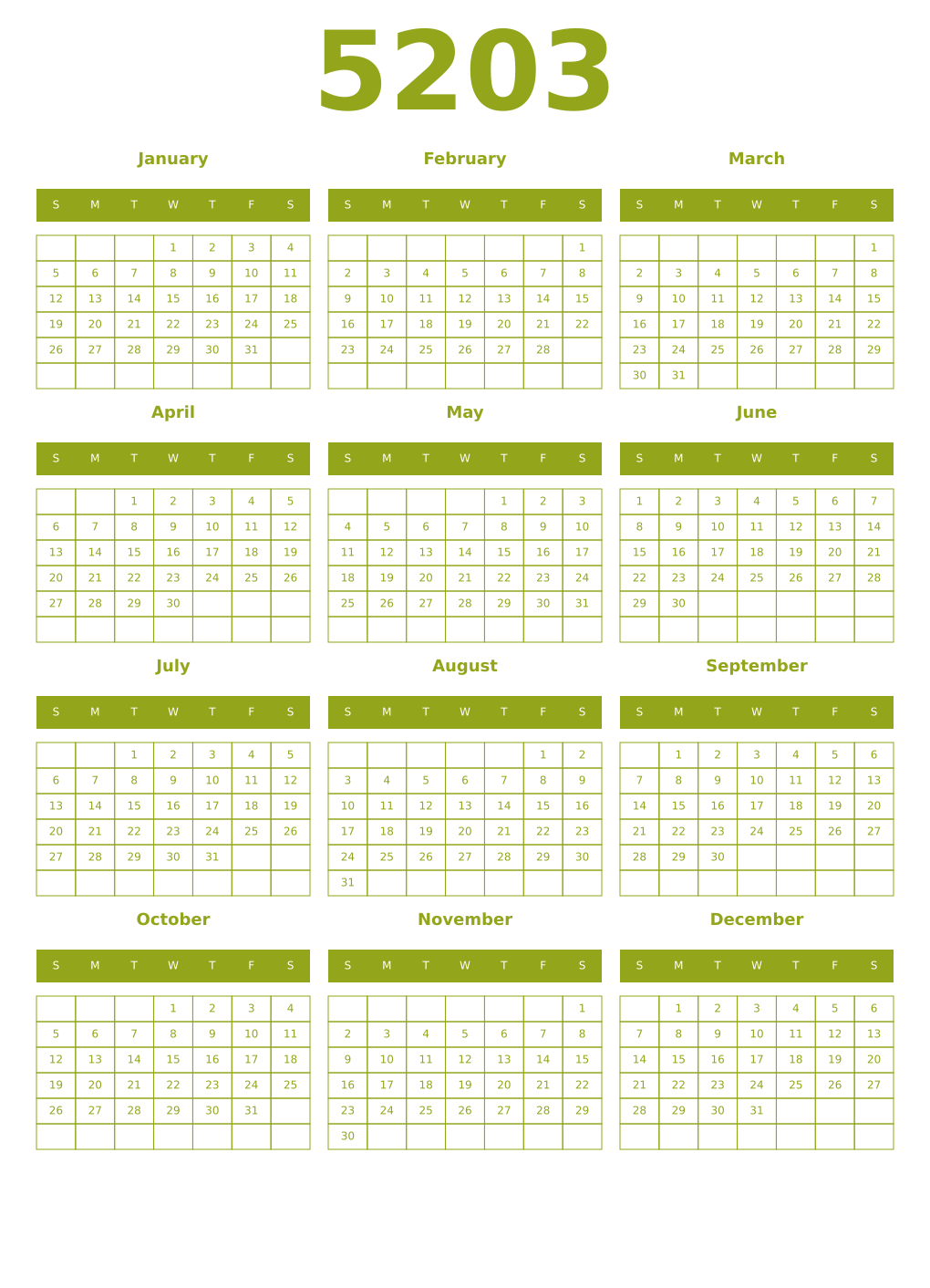 Printable 5203 Year Calendars chartreuse