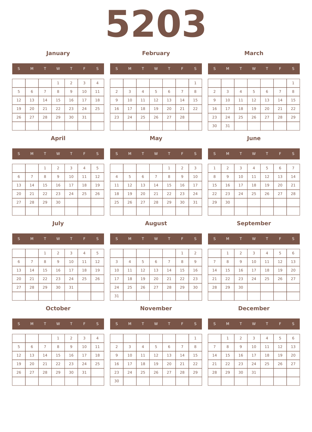 Printable 5203 Year Calendars coffe