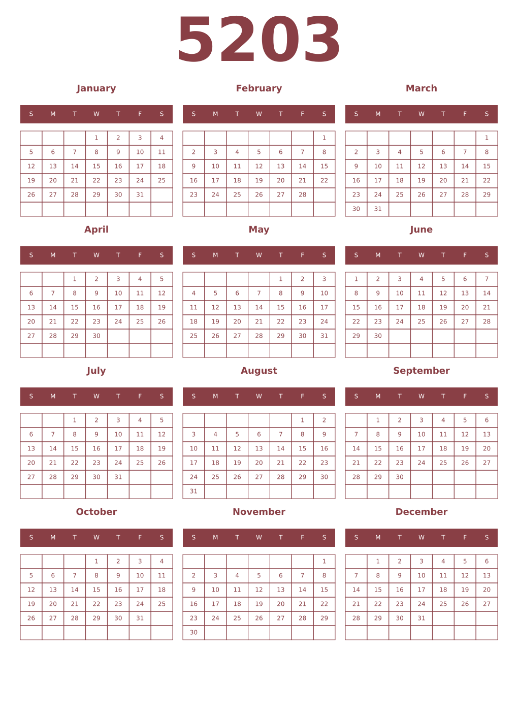Printable 5203 Year Calendars cordovan