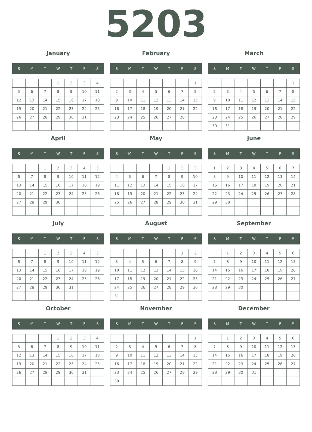 Printable 5203 Year Calendars feldgrau