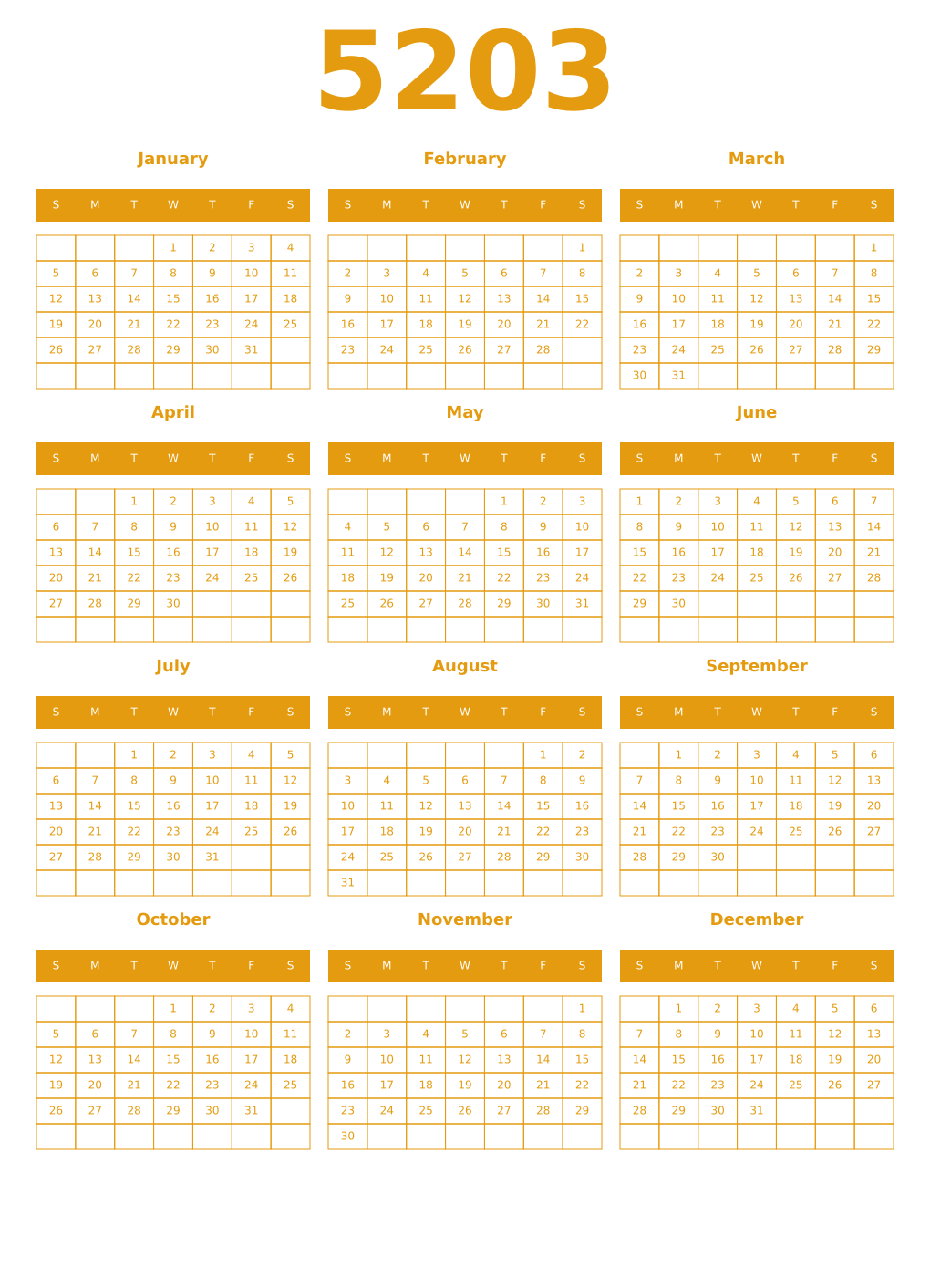 Printable 5203 Year Calendars gamboge