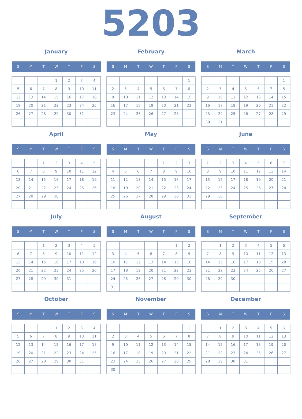 Printable 5203 Year Calendars glaucous