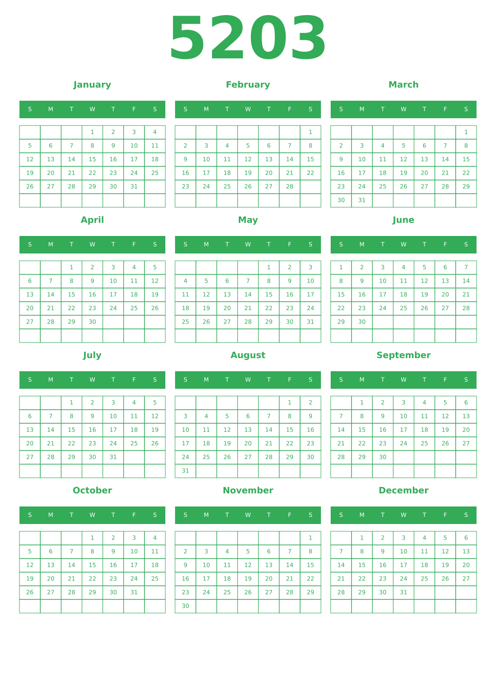 Printable 5203 Year Calendars green