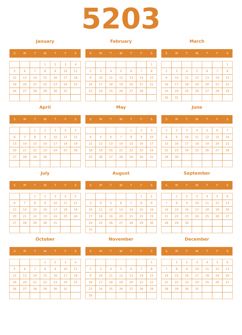 Printable 5203 Year Calendars orange