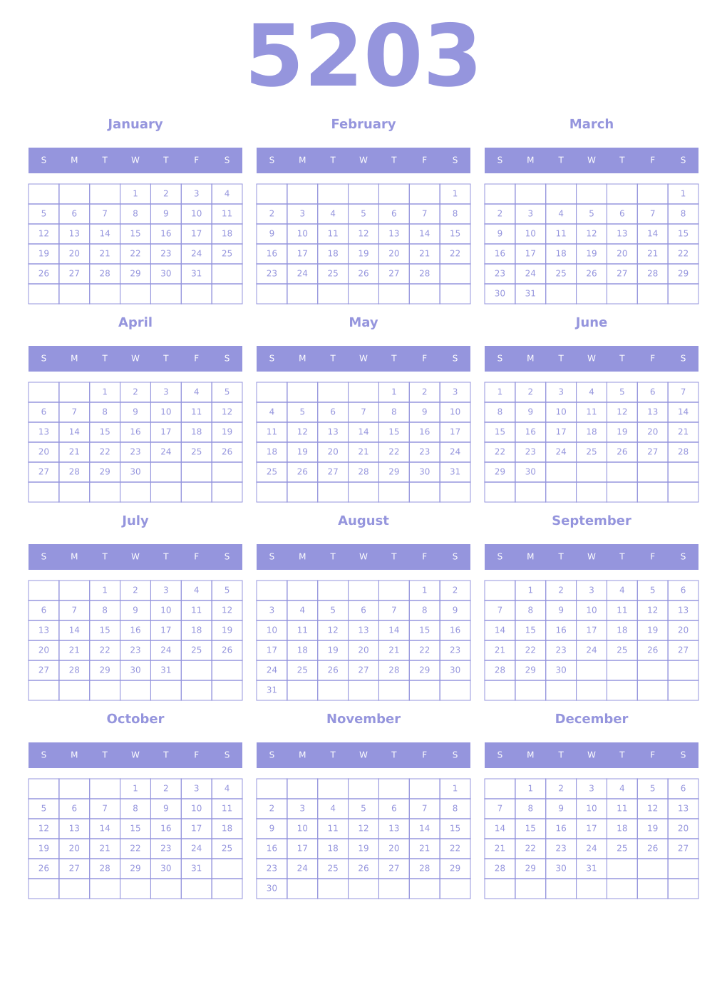 Printable 5203 Year Calendars periwinkle
