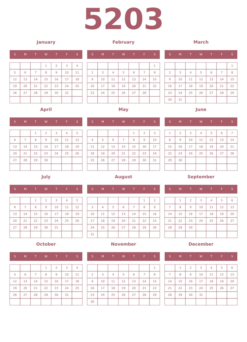 Printable 5203 Year Calendars puce
