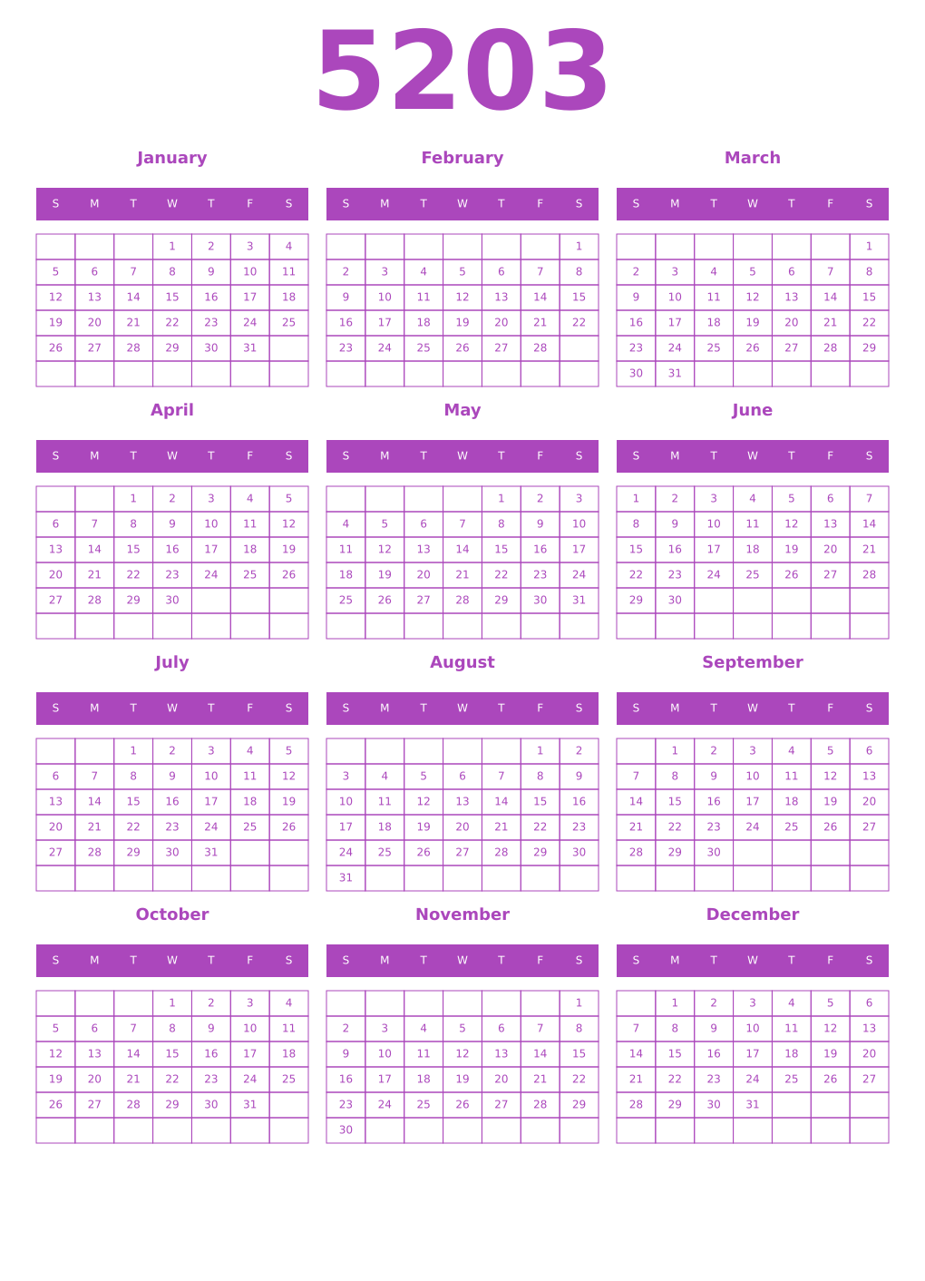 Printable 5203 Year Calendars purple