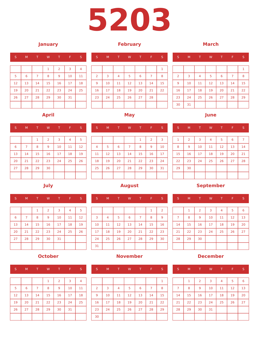Printable 5203 Year Calendars red