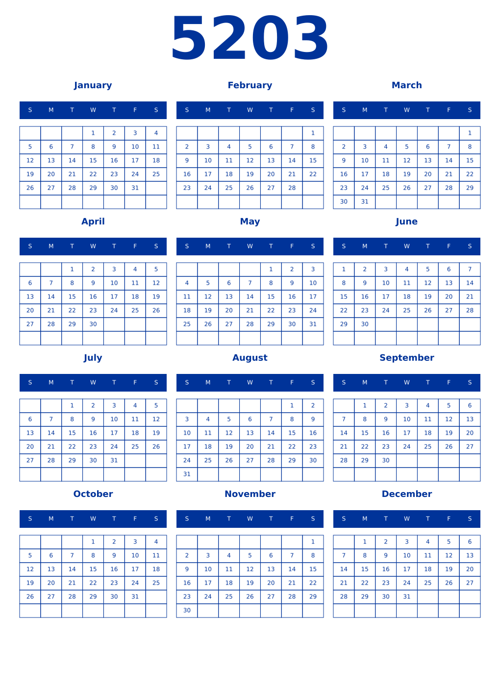Printable 5203 Year Calendars smalt