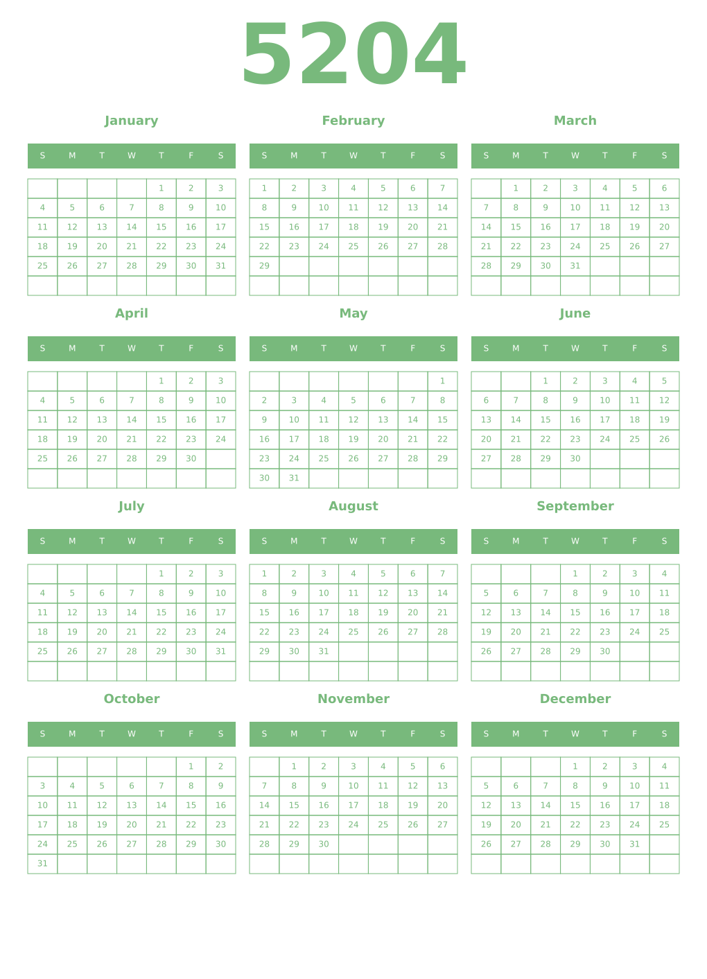 Printable 5204 Year Calendars celadon