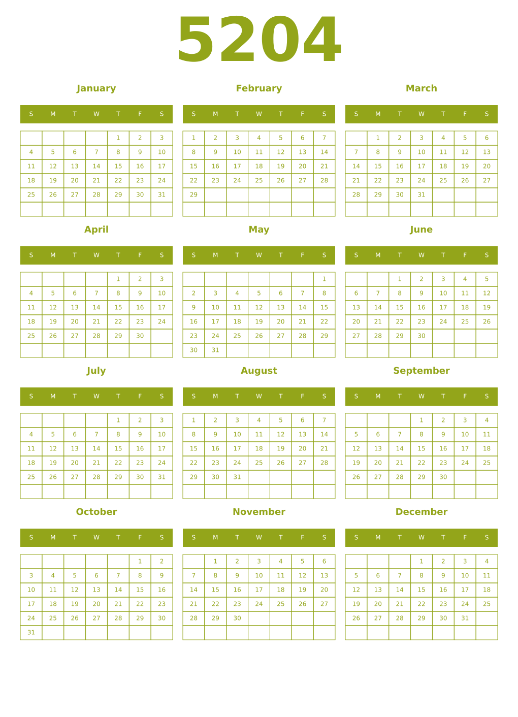 Printable 5204 Year Calendars chartreuse