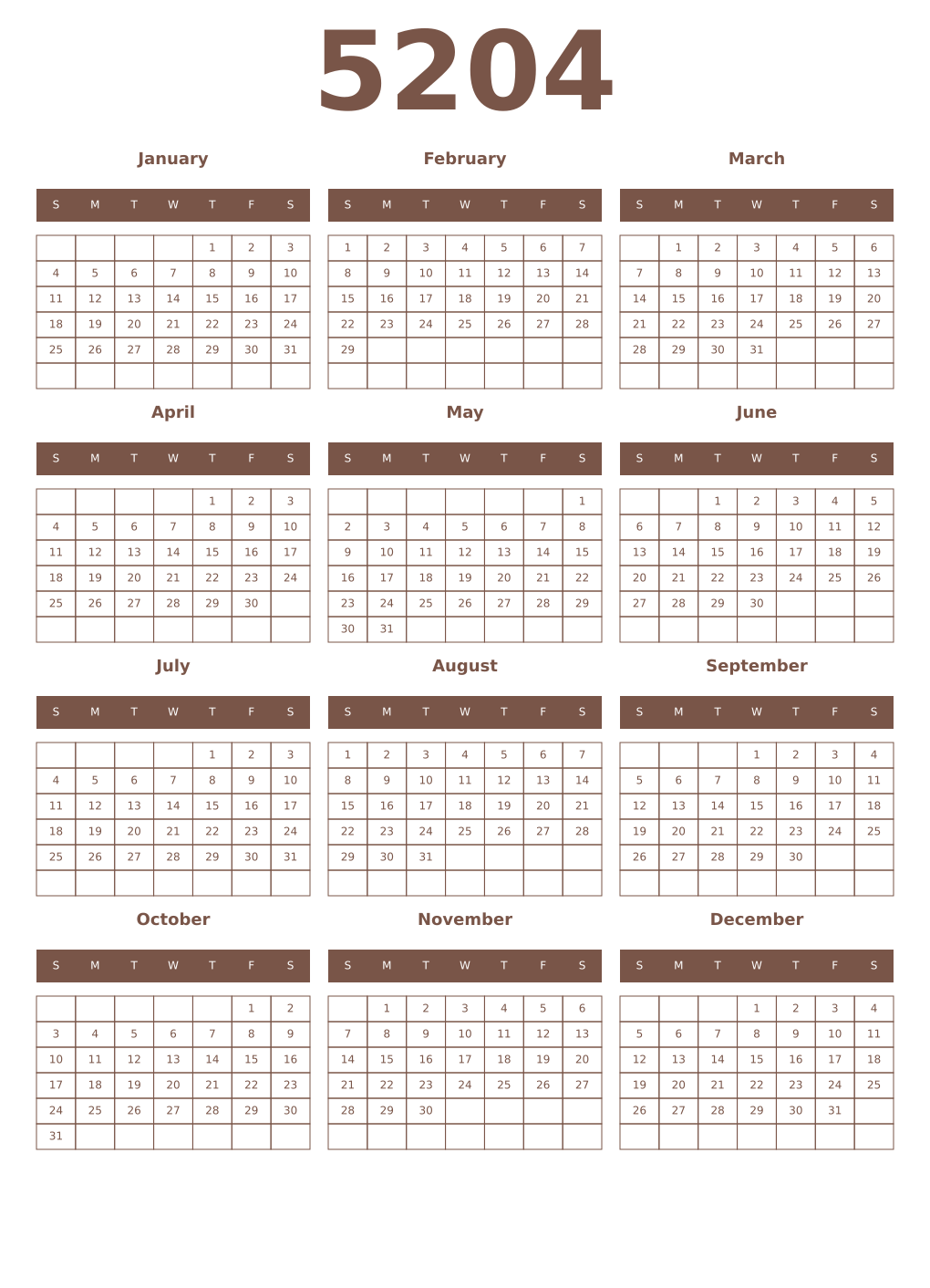 Printable 5204 Year Calendars coffe