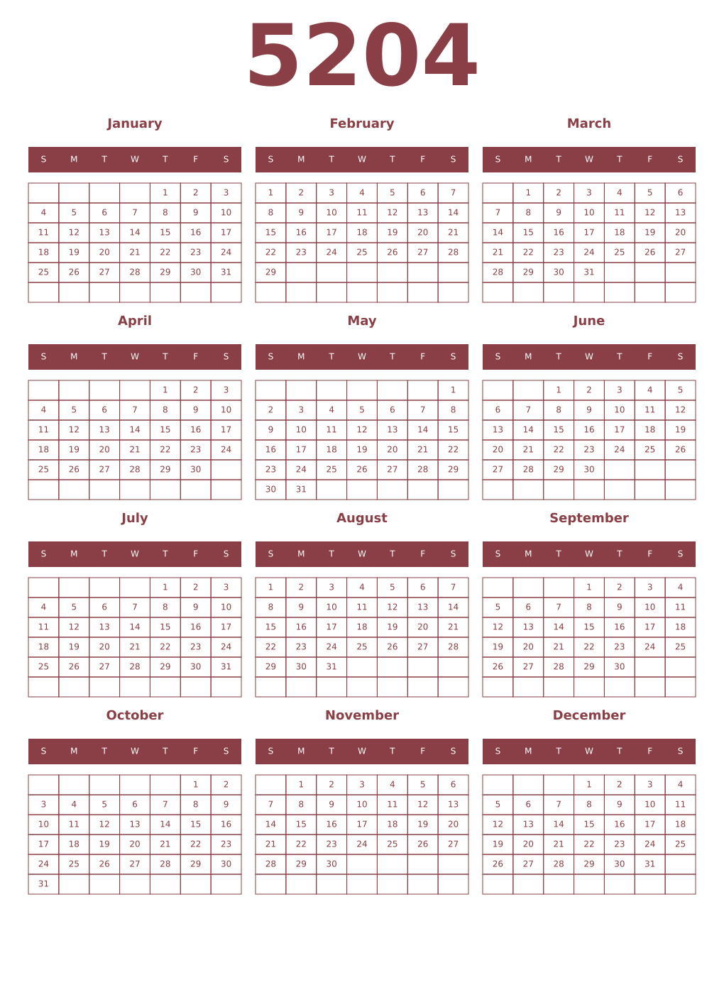 Printable 5204 Year Calendars cordovan