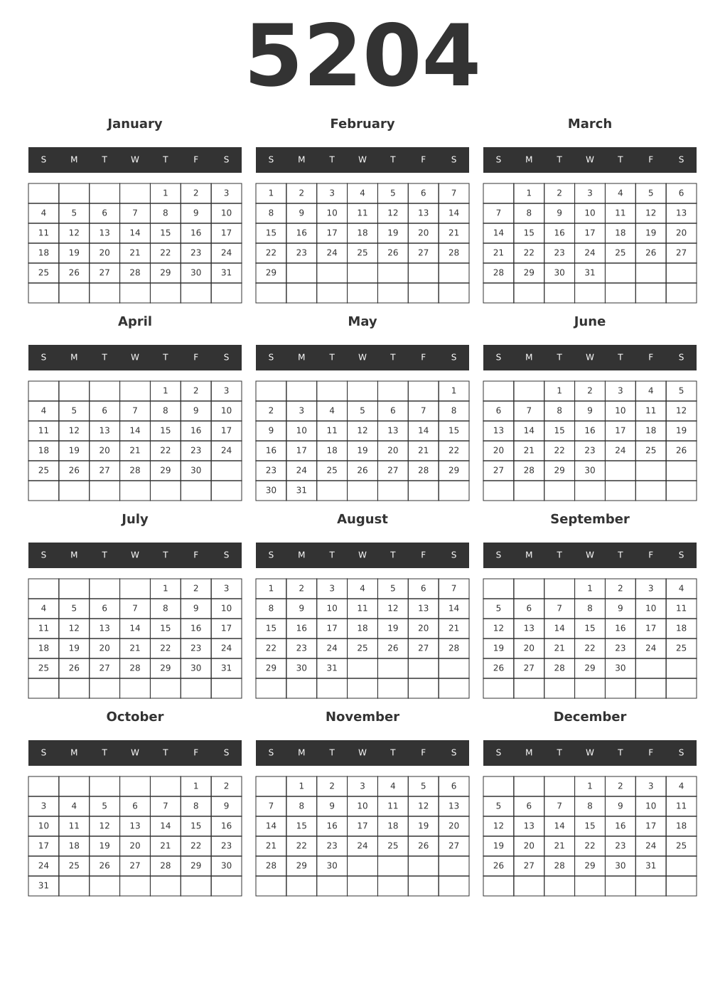 Printable 5204 Year Calendars dark