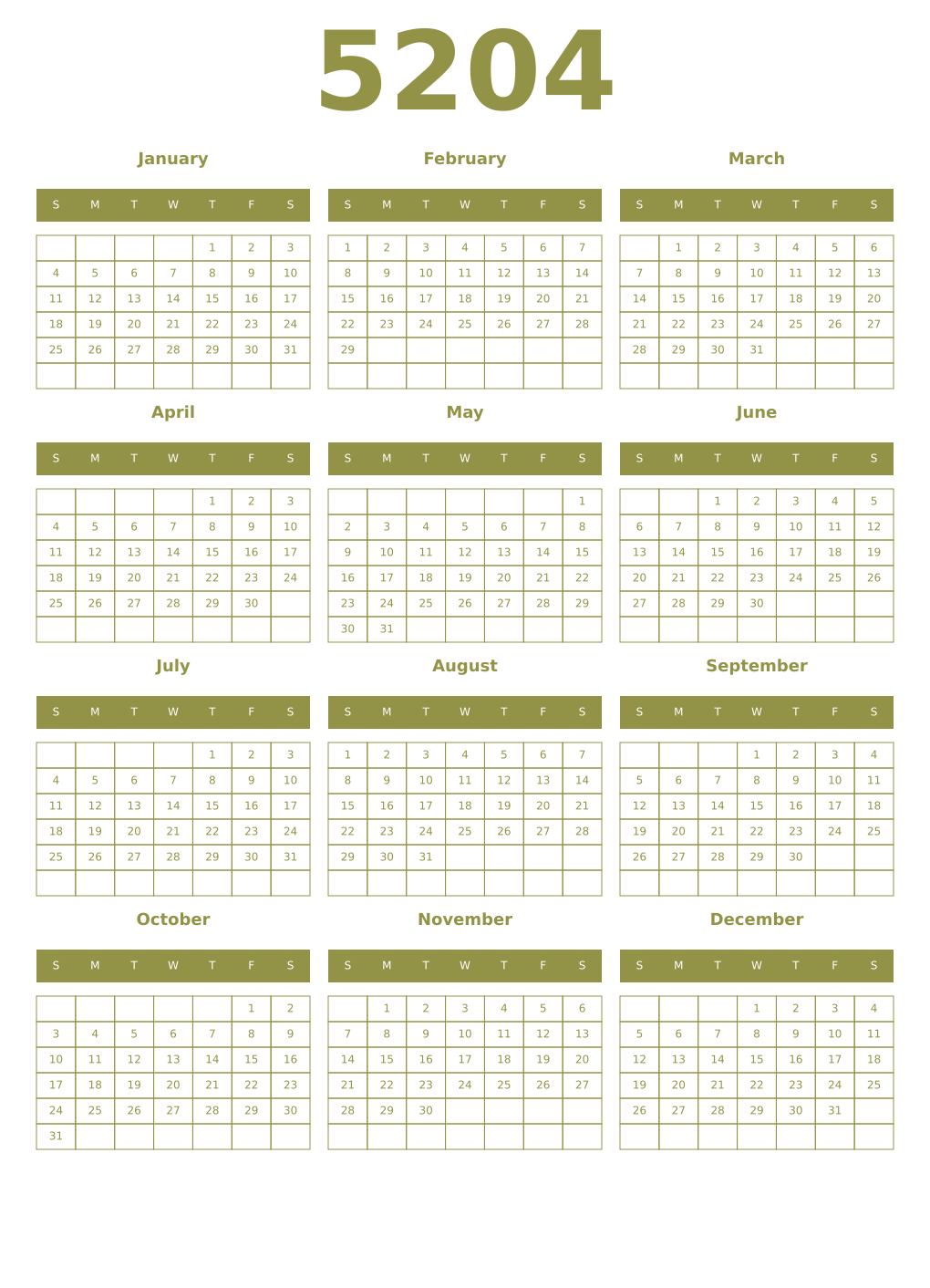 Printable 5204 Year Calendars eburnean