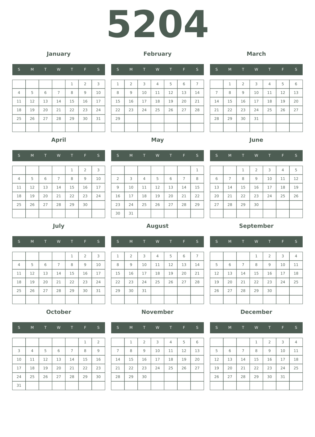 Printable 5204 Year Calendars feldgrau