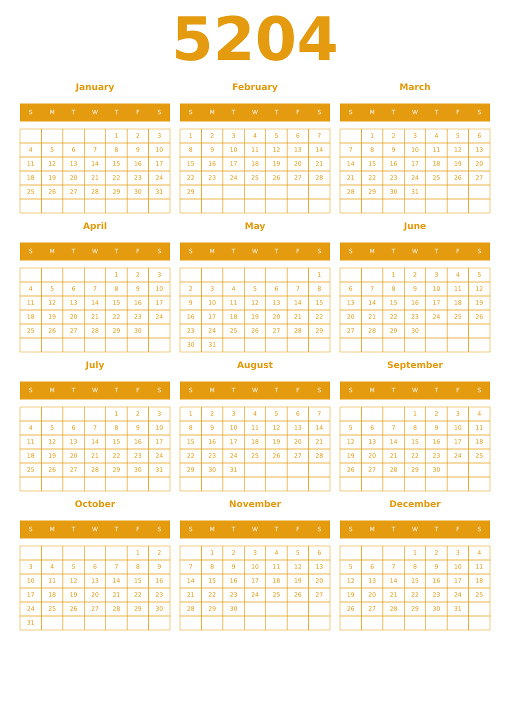 Printable 5204 Year Calendars gamboge