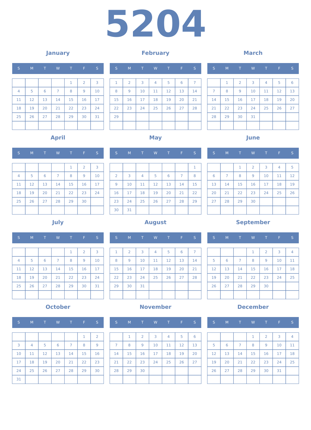 Printable 5204 Year Calendars glaucous