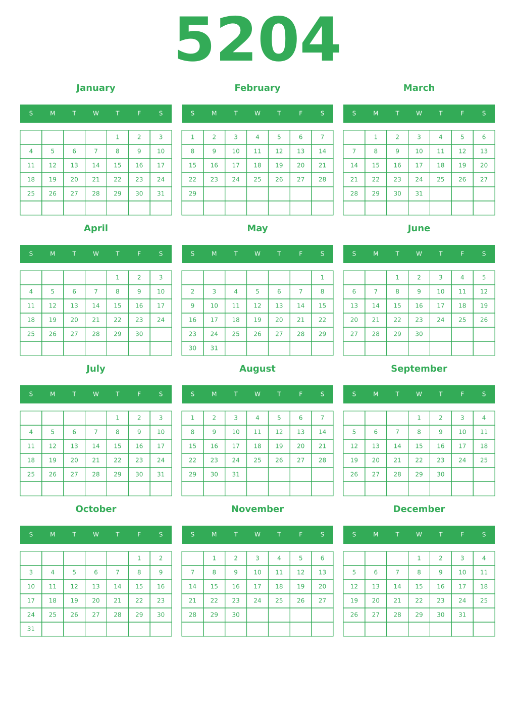 Printable 5204 Year Calendars green