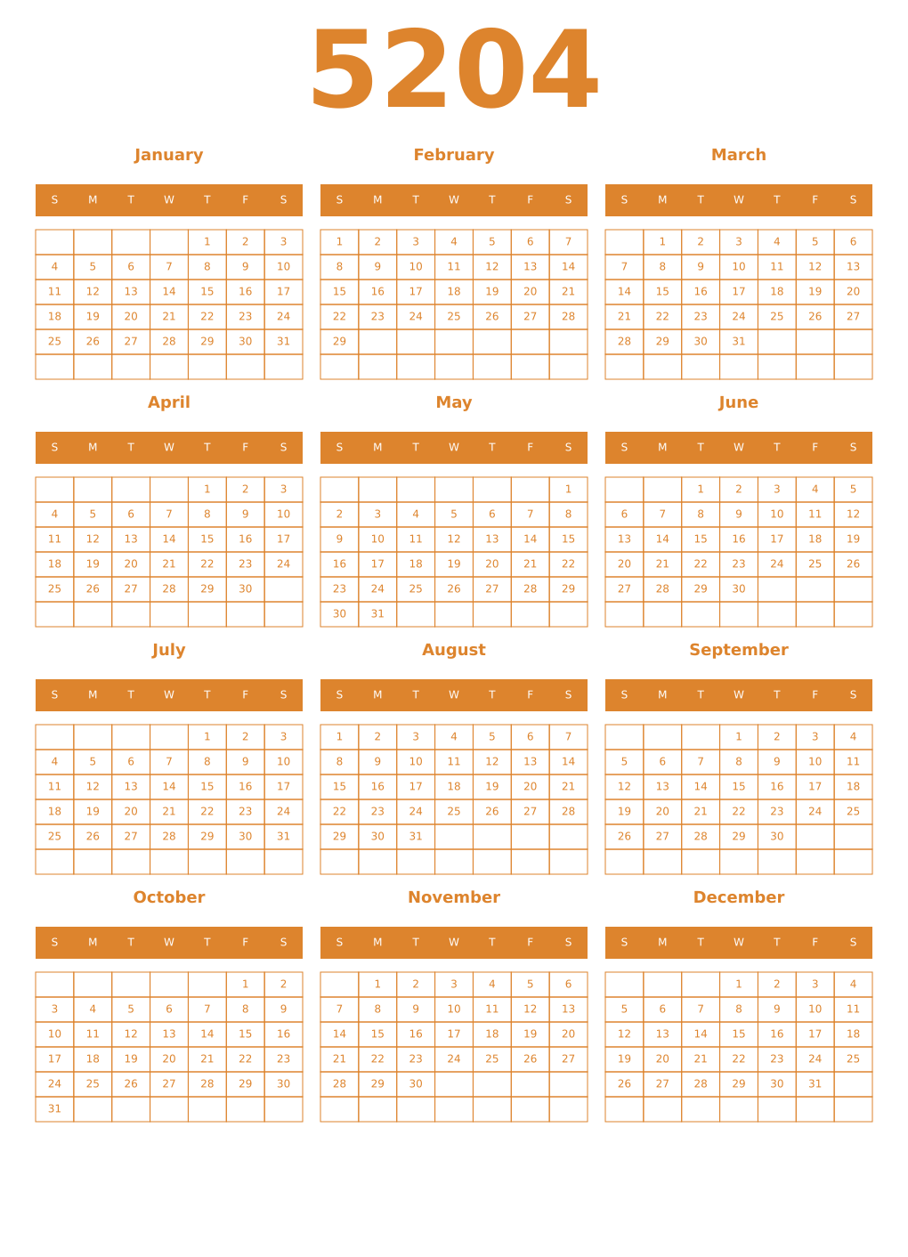 Printable 5204 Year Calendars orange