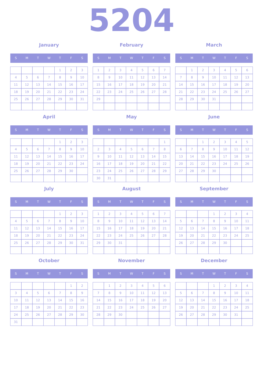 Printable 5204 Year Calendars periwinkle
