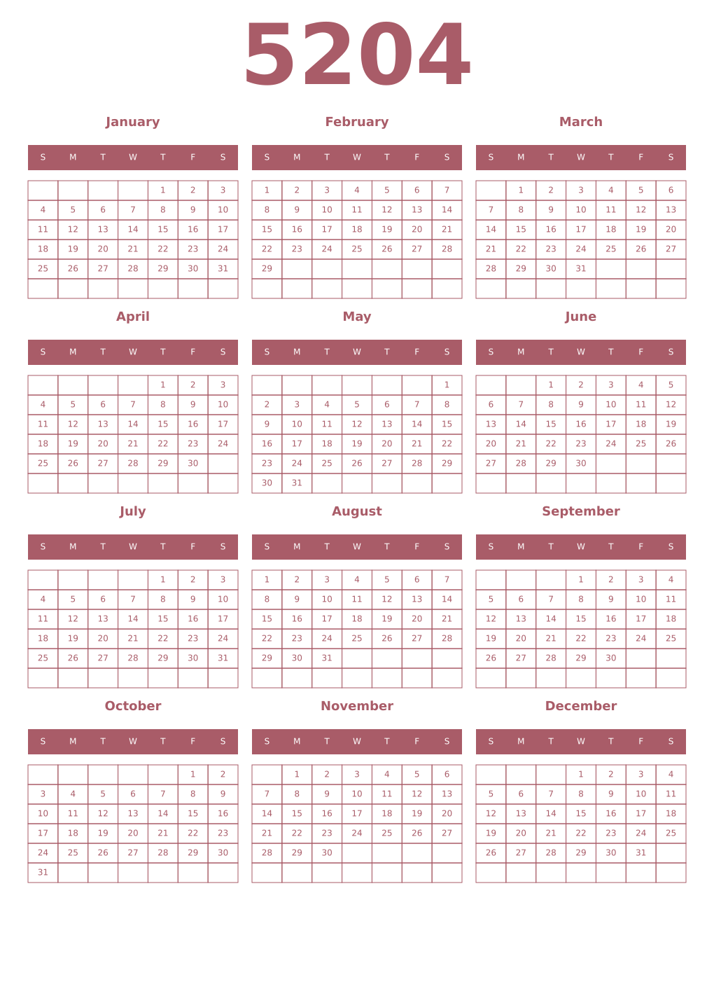 Printable 5204 Year Calendars puce