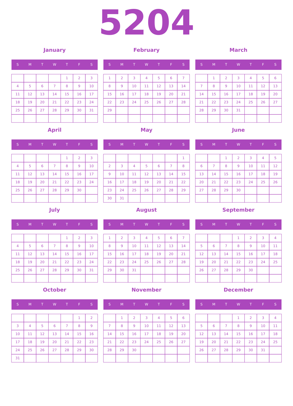 Printable 5204 Year Calendars purple