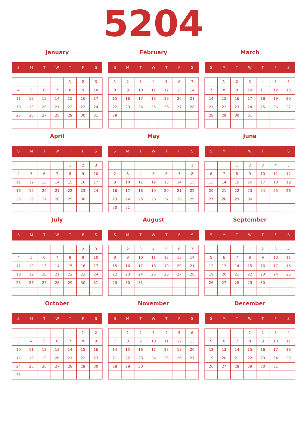 Printable 5204 Year Calendars red