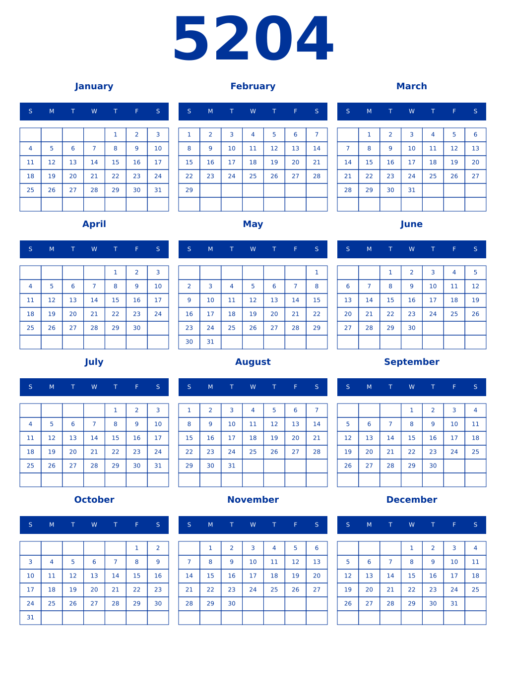 Printable 5204 Year Calendars smalt