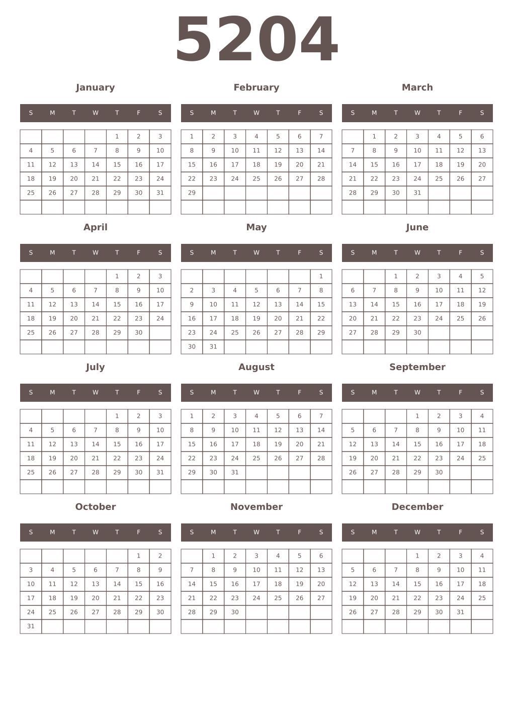 Printable 5204 Year Calendars wenge