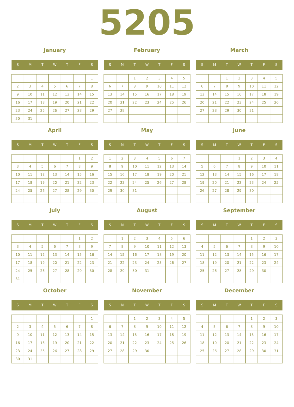 Printable 5205 Year Calendars eburnean