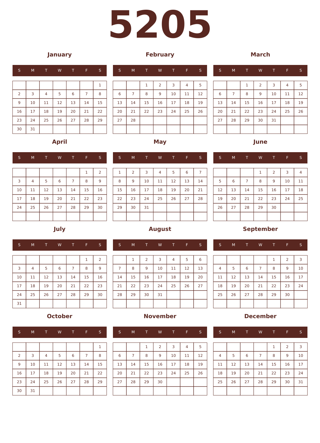 Printable 5205 Year Calendars mortuum