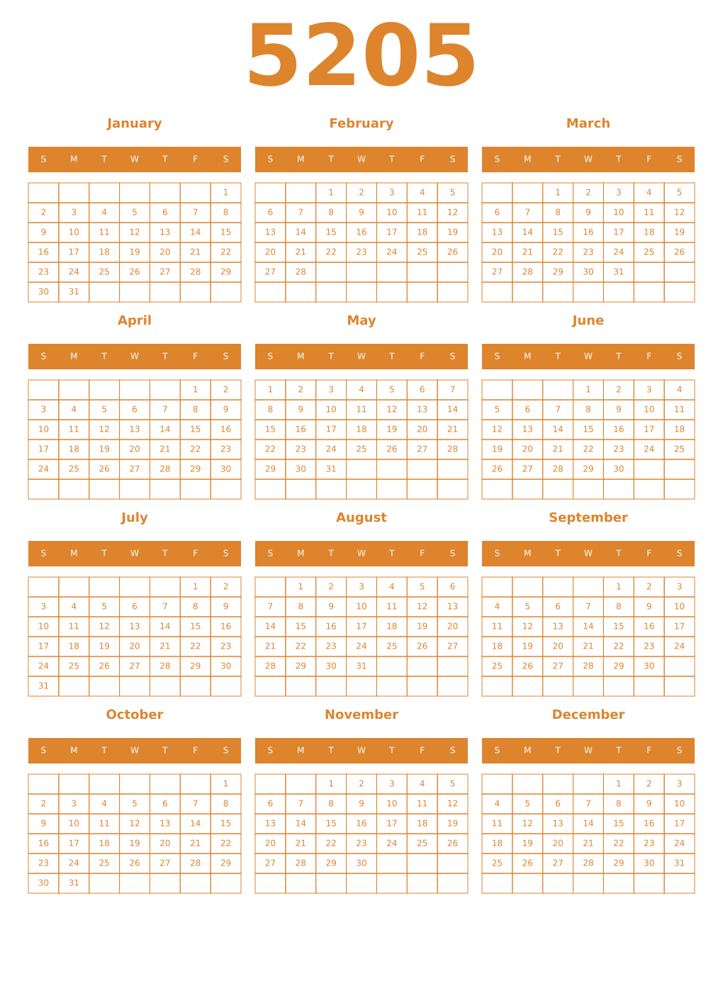 Printable 5205 Year Calendars orange