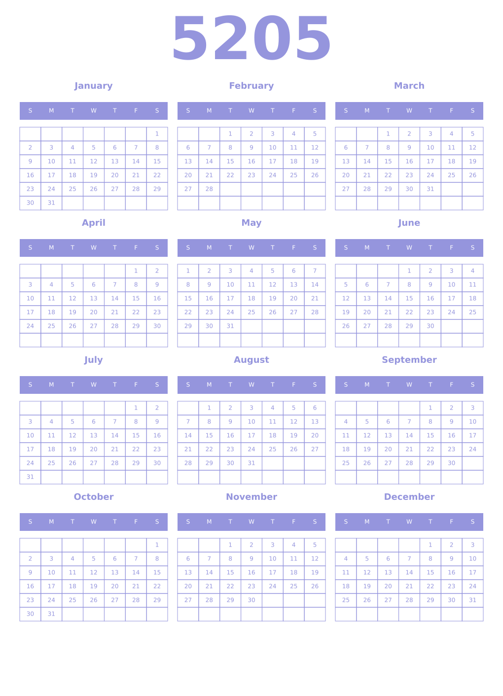 Printable 5205 Year Calendars periwinkle