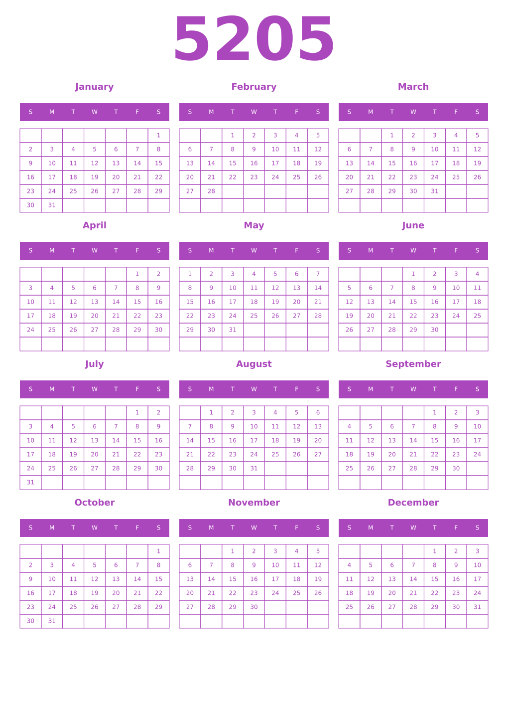 Printable 5205 Year Calendars purple