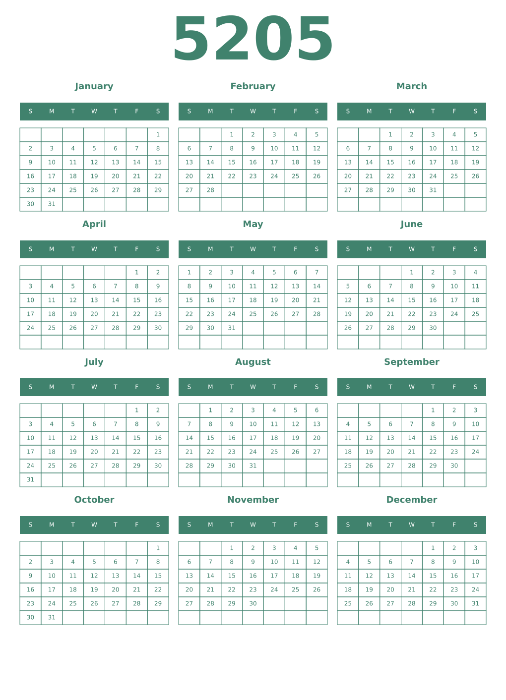 Printable 5205 Year Calendars viridian