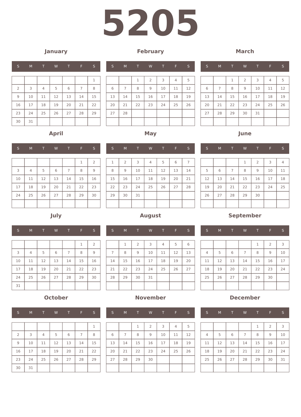 Printable 5205 Year Calendars wenge