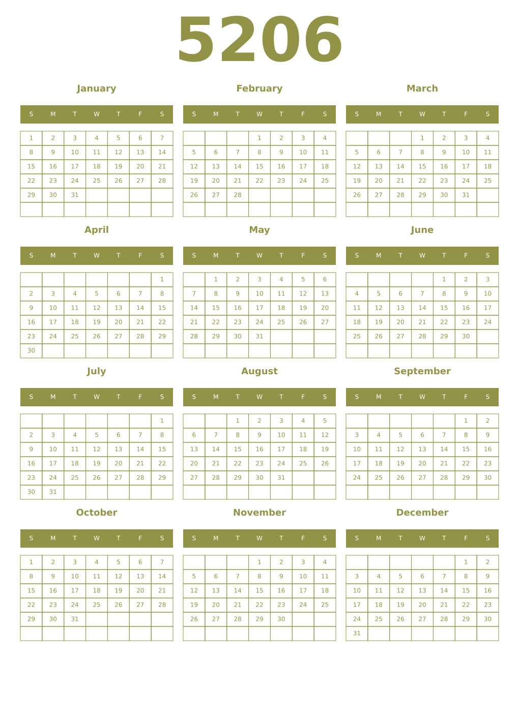 Printable 5206 Year Calendars eburnean