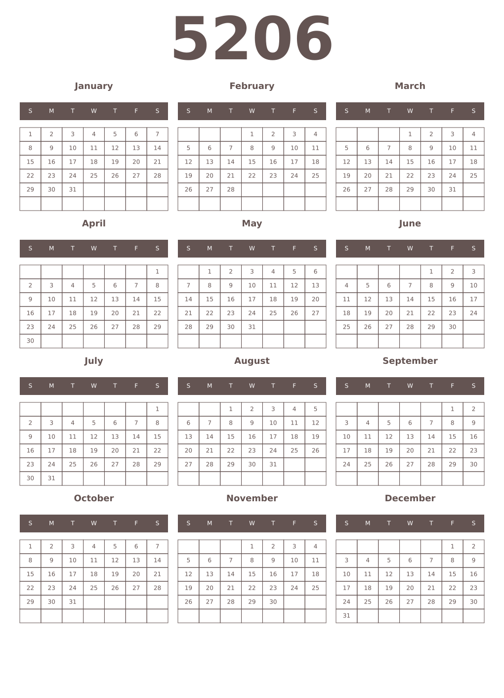 Printable 5206 Year Calendars wenge
