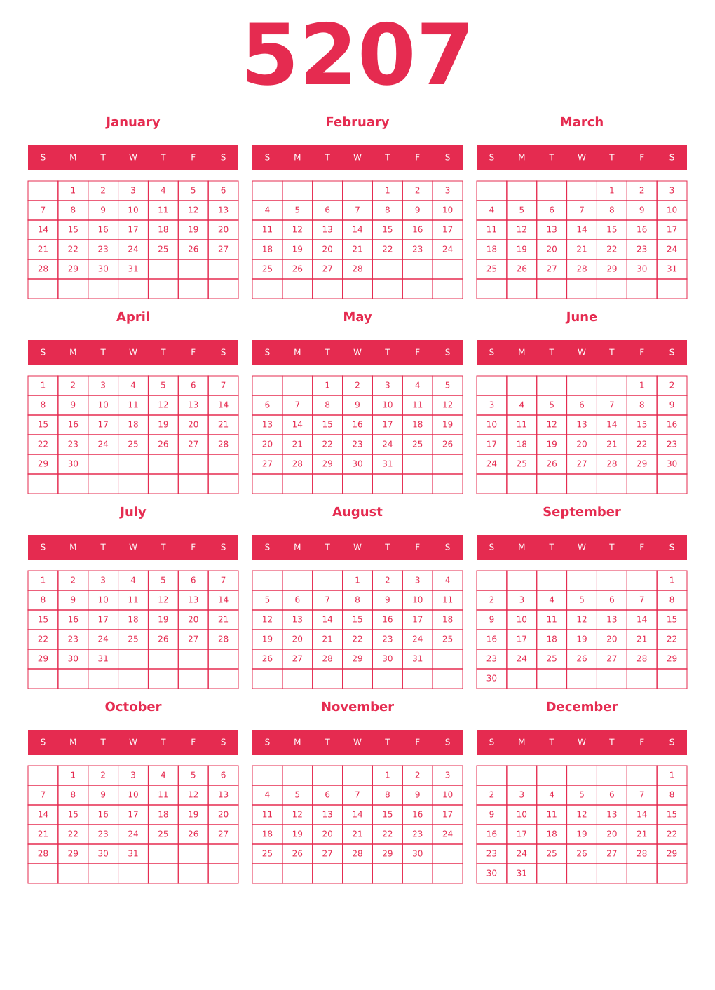 Printable 5207 Year Calendars amaranth