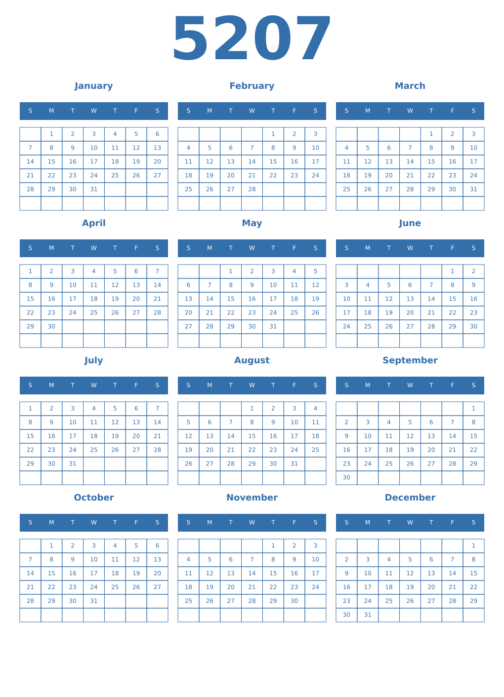 Printable 5207 Year Calendars blue