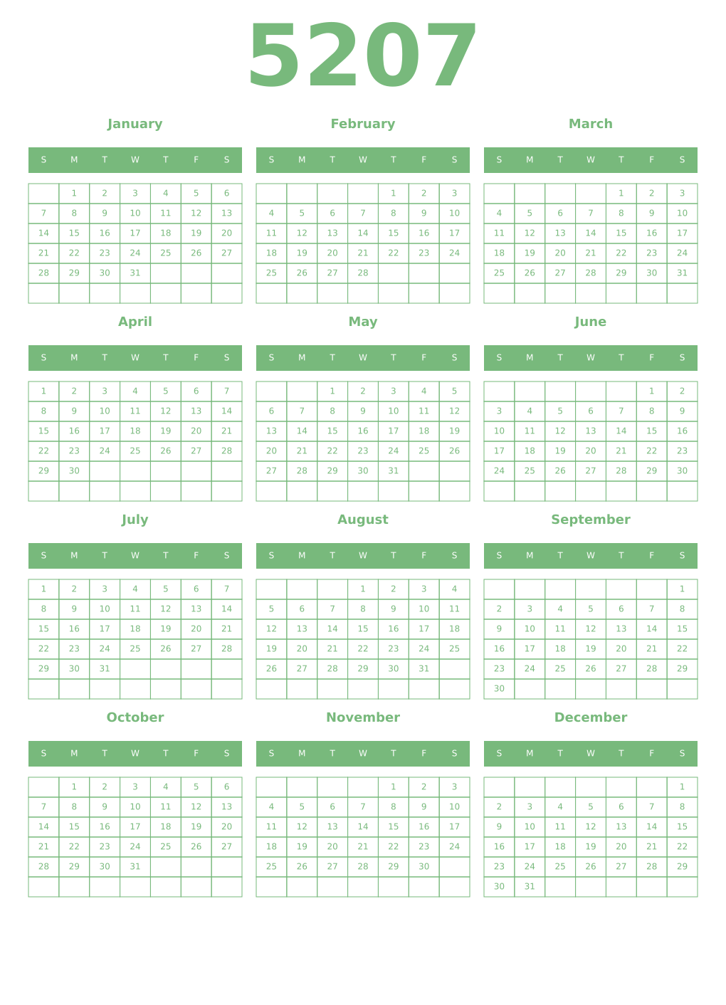 Printable 5207 Year Calendars celadon
