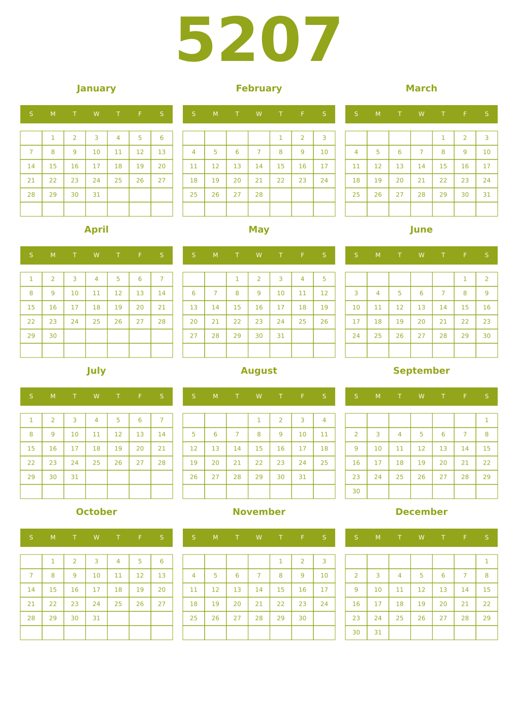 Printable 5207 Year Calendars chartreuse