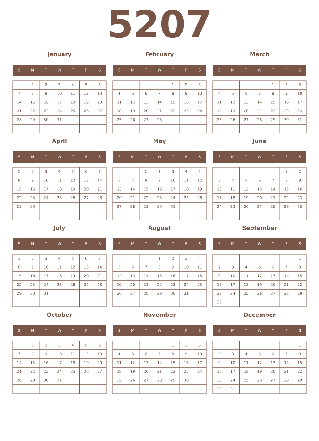 Printable 5207 Year Calendars coffe