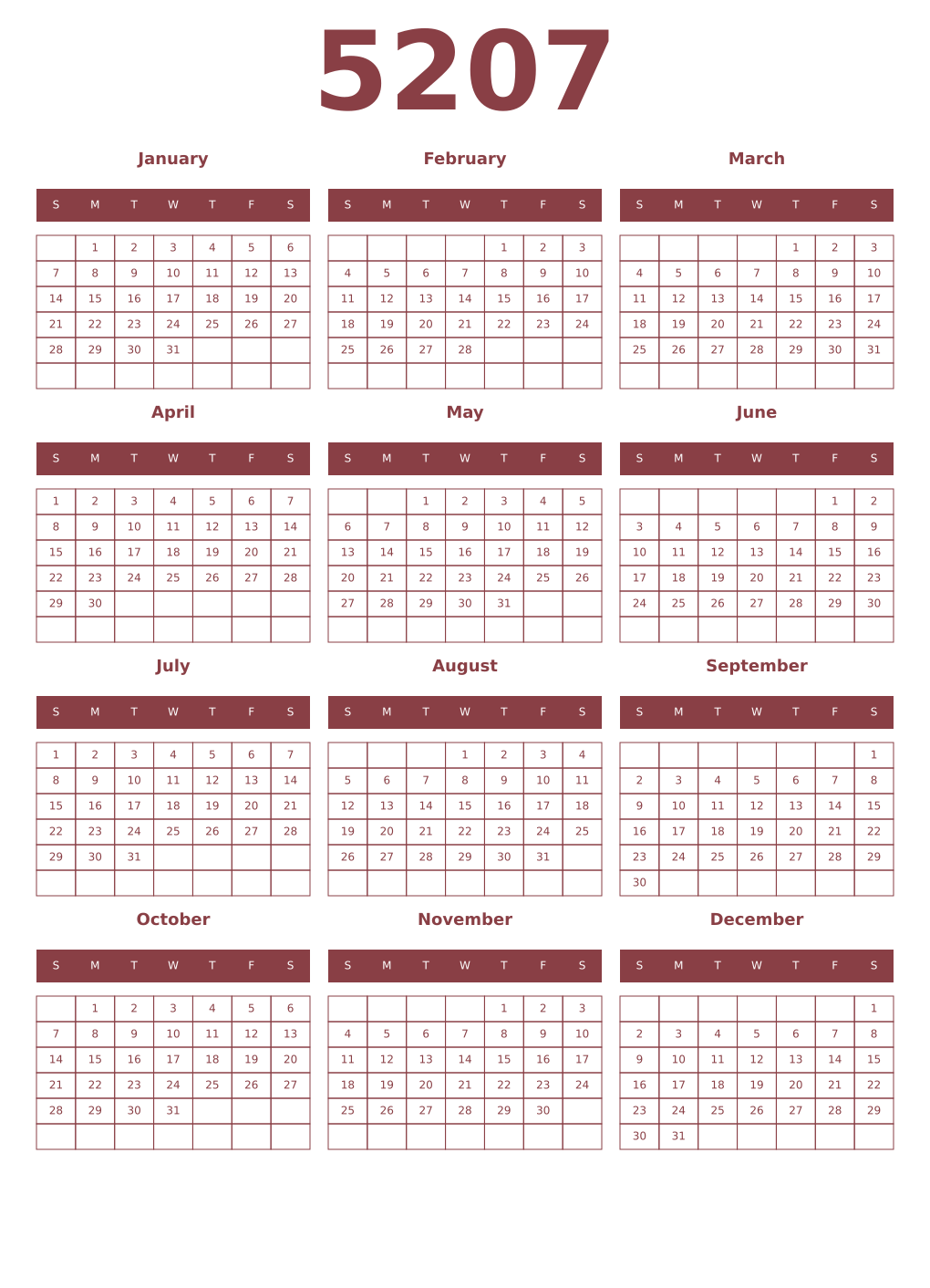 Printable 5207 Year Calendars cordovan